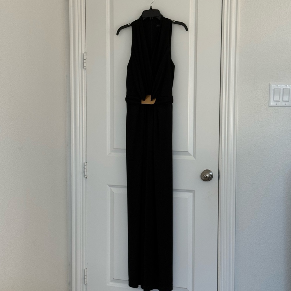 Donna Karan Black Sleeveless Draped Jumpsuit with Gold Logo Detail - Picture 5 of 9